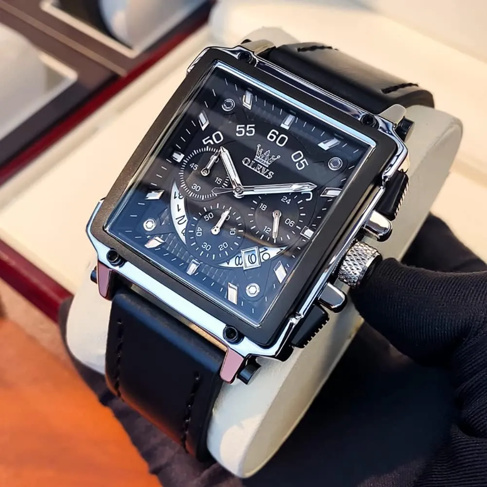 Watches Luminous Waterproof OLEVS Square Watches for assist acknowledge cruise valse Men Leather Multifunctional Chronograph Fashion Business Dress Analog Quartz Wrist 