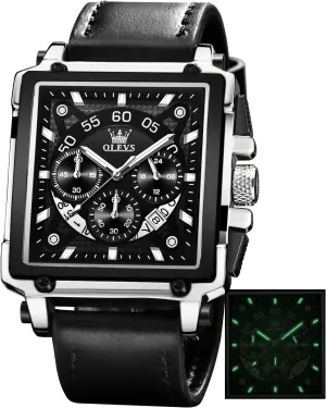 Watches Luminous Waterproof OLEVS Square Watches for assist acknowledge cruise valse Men Leather Multifunctional Chronograph Fashion Business Dress Analog Quartz Wrist 