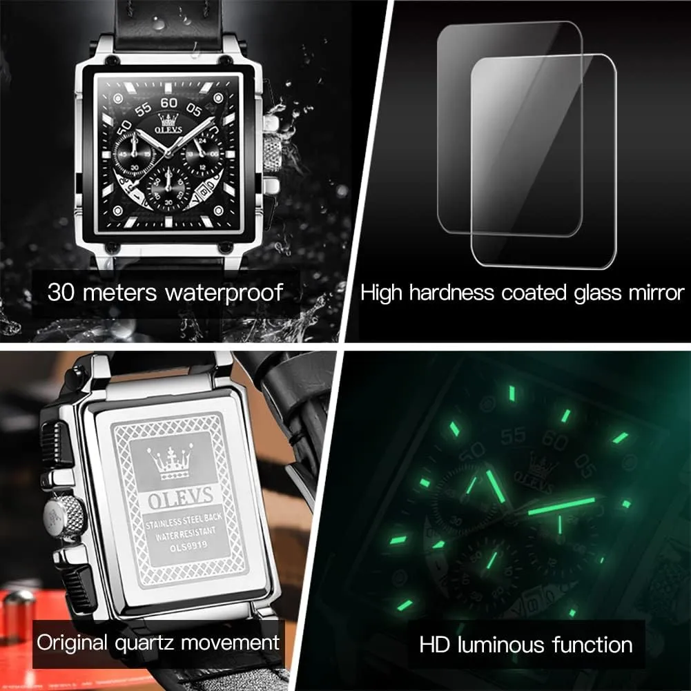 Watches Luminous Waterproof OLEVS Square Watches for assist acknowledge cruise valse Men Leather Multifunctional Chronograph Fashion Business Dress Analog Quartz Wrist 