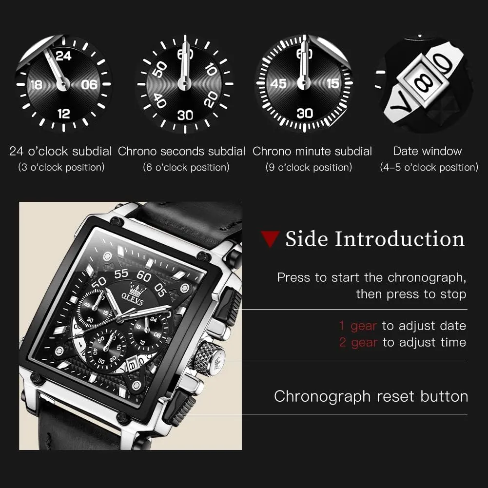 Watches Luminous Waterproof OLEVS Square Watches for assist acknowledge cruise valse Men Leather Multifunctional Chronograph Fashion Business Dress Analog Quartz Wrist 