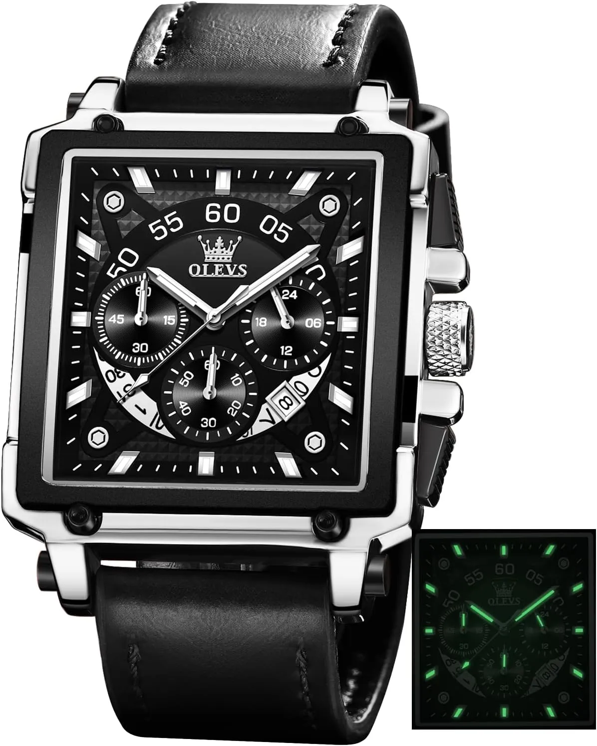 Watches Luminous Waterproof OLEVS Square Watches for assist acknowledge cruise valse Men Leather Multifunctional Chronograph Fashion Business Dress Analog Quartz Wrist 