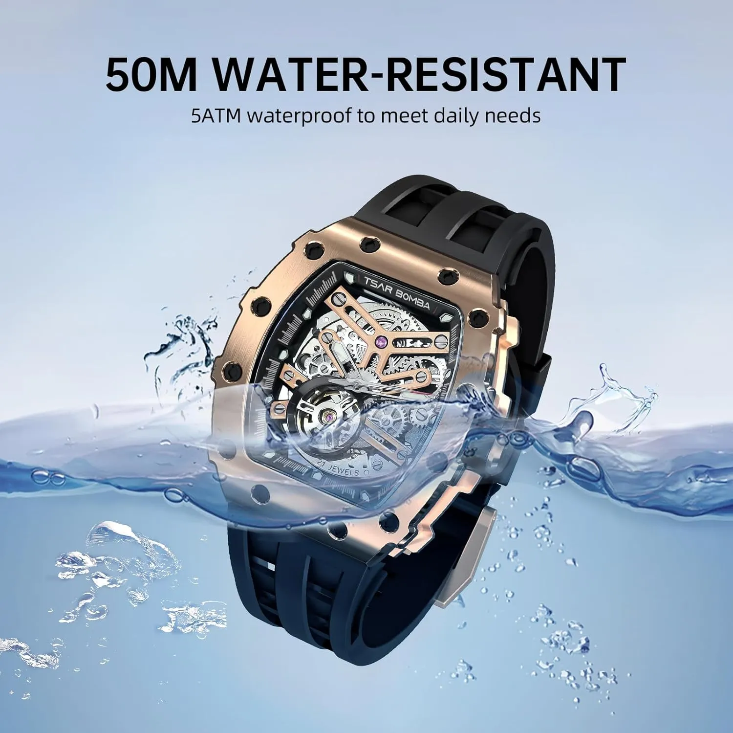 Watches Mens Unique Cool Square scan harper hone Big Face Dial Wristwatch with Silicone Strap Band Men's Automatic Watch Tonneau Luxury Skeleton Watches for Men Mechanical 50M Waterproof Analogue 