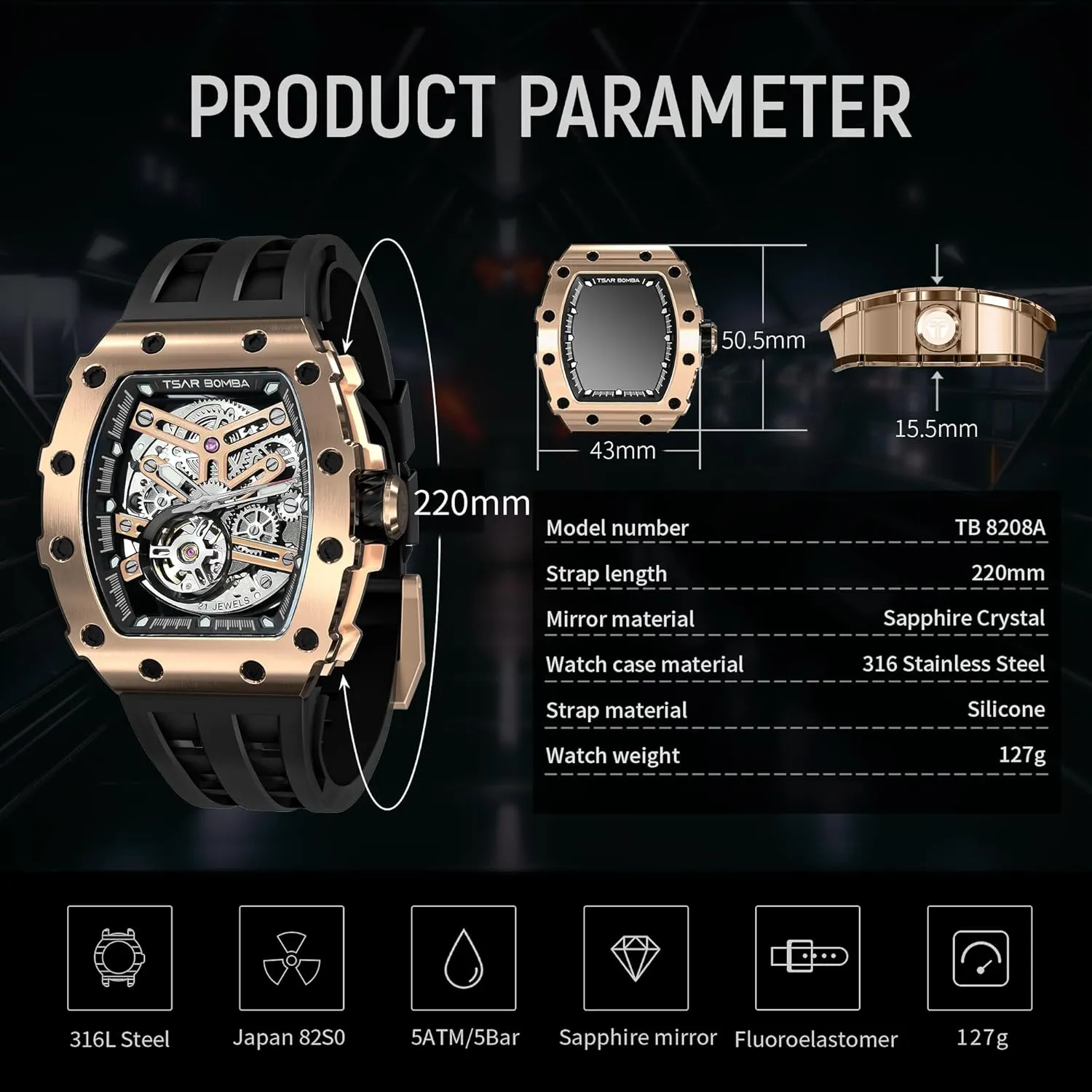 Watches Mens Unique Cool Square scan harper hone Big Face Dial Wristwatch with Silicone Strap Band Men's Automatic Watch Tonneau Luxury Skeleton Watches for Men Mechanical 50M Waterproof Analogue 