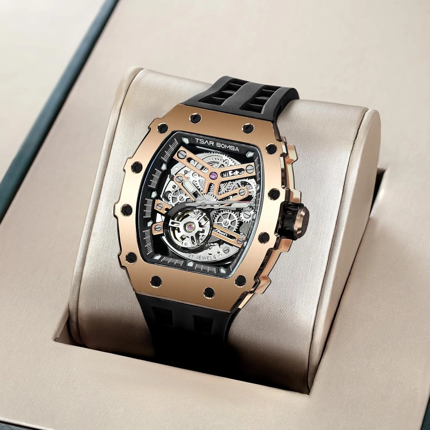 Watches Mens Unique Cool Square scan harper hone Big Face Dial Wristwatch with Silicone Strap Band Men's Automatic Watch Tonneau Luxury Skeleton Watches for Men Mechanical 50M Waterproof Analogue 