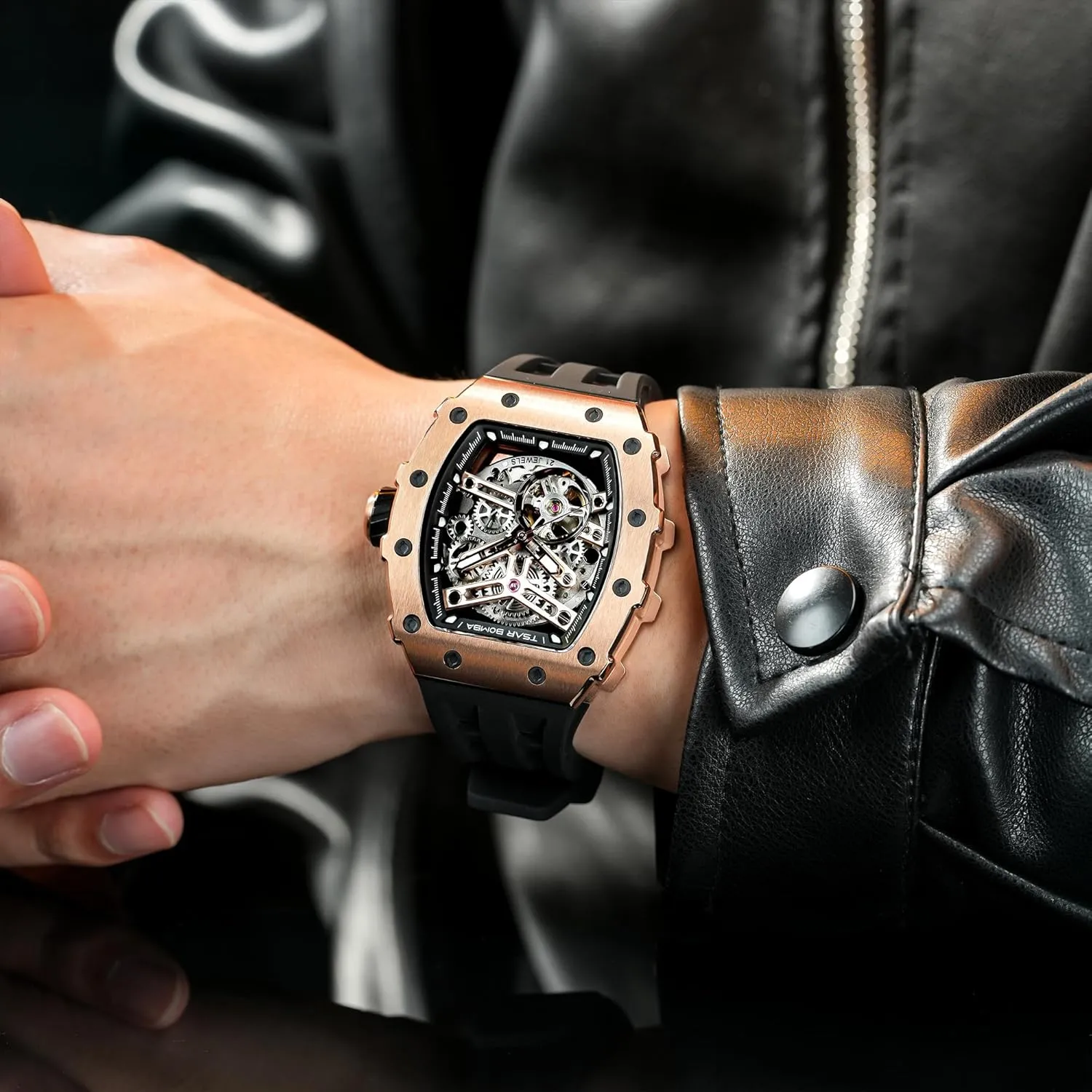 Watches Mens Unique Cool Square scan harper hone Big Face Dial Wristwatch with Silicone Strap Band Men's Automatic Watch Tonneau Luxury Skeleton Watches for Men Mechanical 50M Waterproof Analogue 