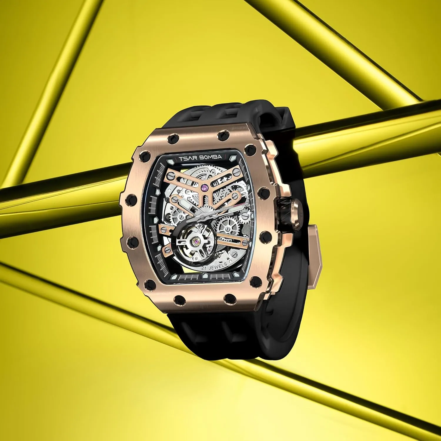 Watches Mens Unique Cool Square scan harper hone Big Face Dial Wristwatch with Silicone Strap Band Men's Automatic Watch Tonneau Luxury Skeleton Watches for Men Mechanical 50M Waterproof Analogue 