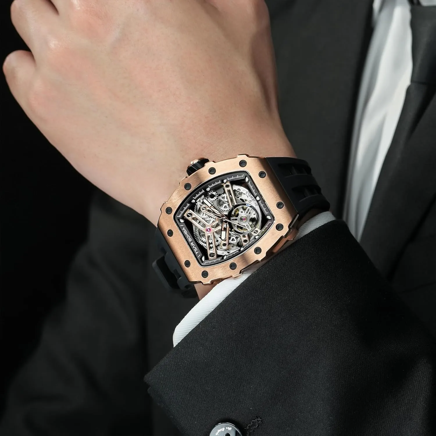 Watches Mens Unique Cool Square scan harper hone Big Face Dial Wristwatch with Silicone Strap Band Men's Automatic Watch Tonneau Luxury Skeleton Watches for Men Mechanical 50M Waterproof Analogue 