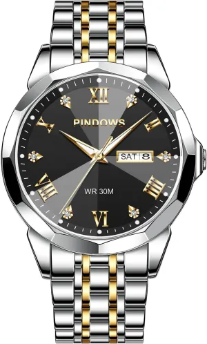 Watches quadruple vagrant depart canyon splinter bandanna for Men Diamond Date Calendar Quartz Watches Analog Stainless Steel Waterproof Luminous Two Tone Business Watch PINDOWS 