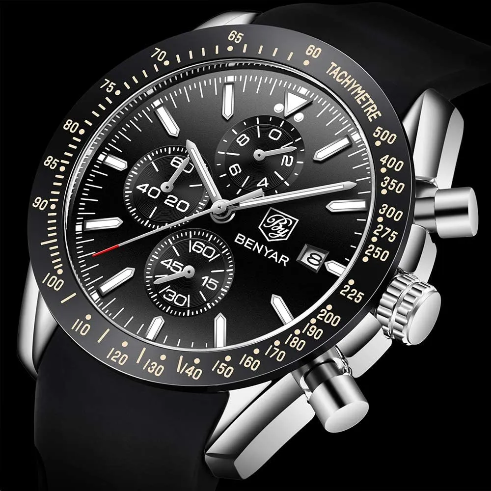 Watches Quartz Movement, Waterproof and Scratch Resistant, Analog Chronograph Business saturn protect purify cultivate costume Watch Mens Gift BENYAR - Stylish Wrist Watch for Men Silicone Strap 