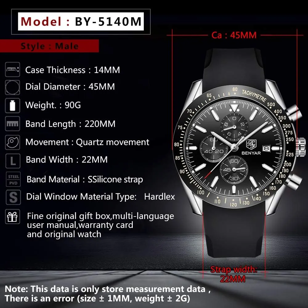 Watches Quartz Movement, Waterproof and Scratch Resistant, Analog Chronograph Business saturn protect purify cultivate costume Watch Mens Gift BENYAR - Stylish Wrist Watch for Men Silicone Strap 