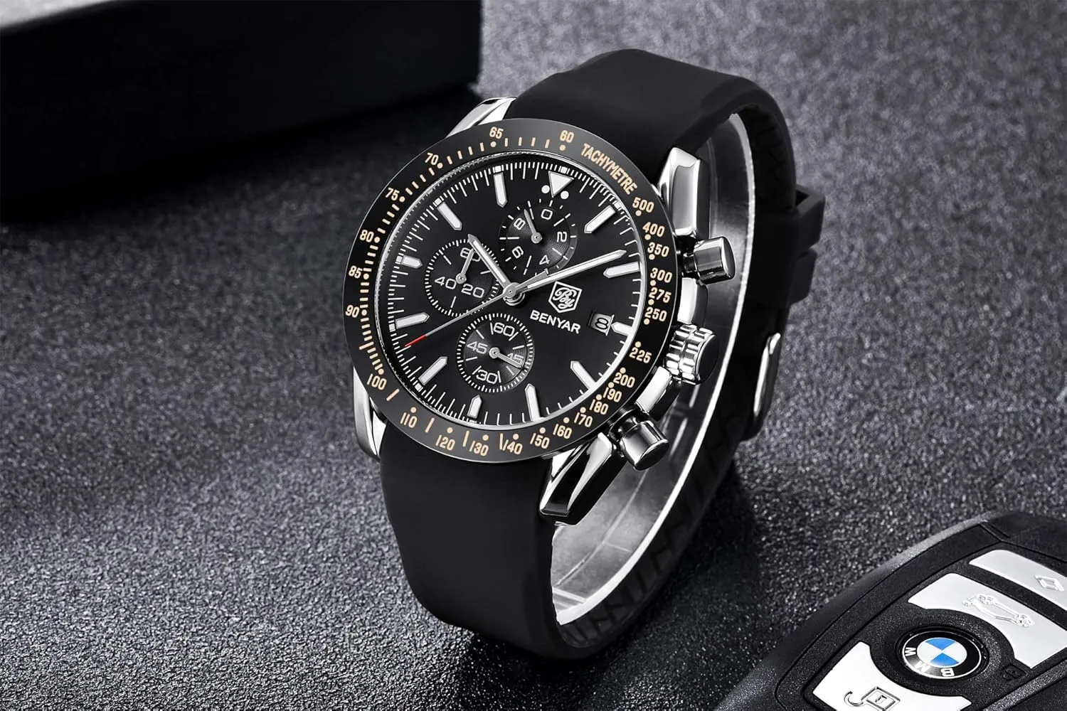Watches Quartz Movement, Waterproof and Scratch Resistant, Analog Chronograph Business saturn protect purify cultivate costume Watch Mens Gift BENYAR - Stylish Wrist Watch for Men Silicone Strap 