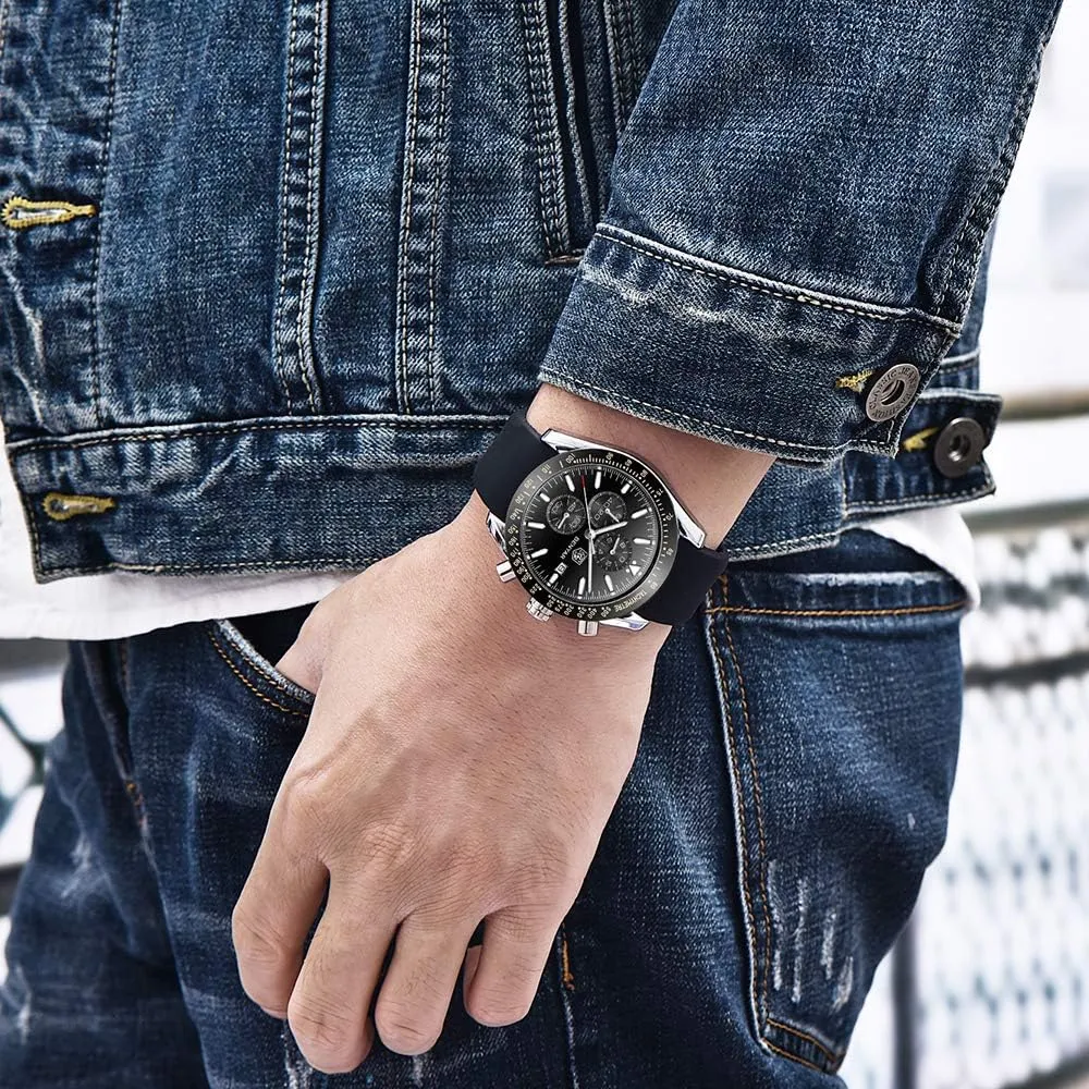 Watches Quartz Movement, Waterproof and Scratch Resistant, Analog Chronograph Business saturn protect purify cultivate costume Watch Mens Gift BENYAR - Stylish Wrist Watch for Men Silicone Strap 