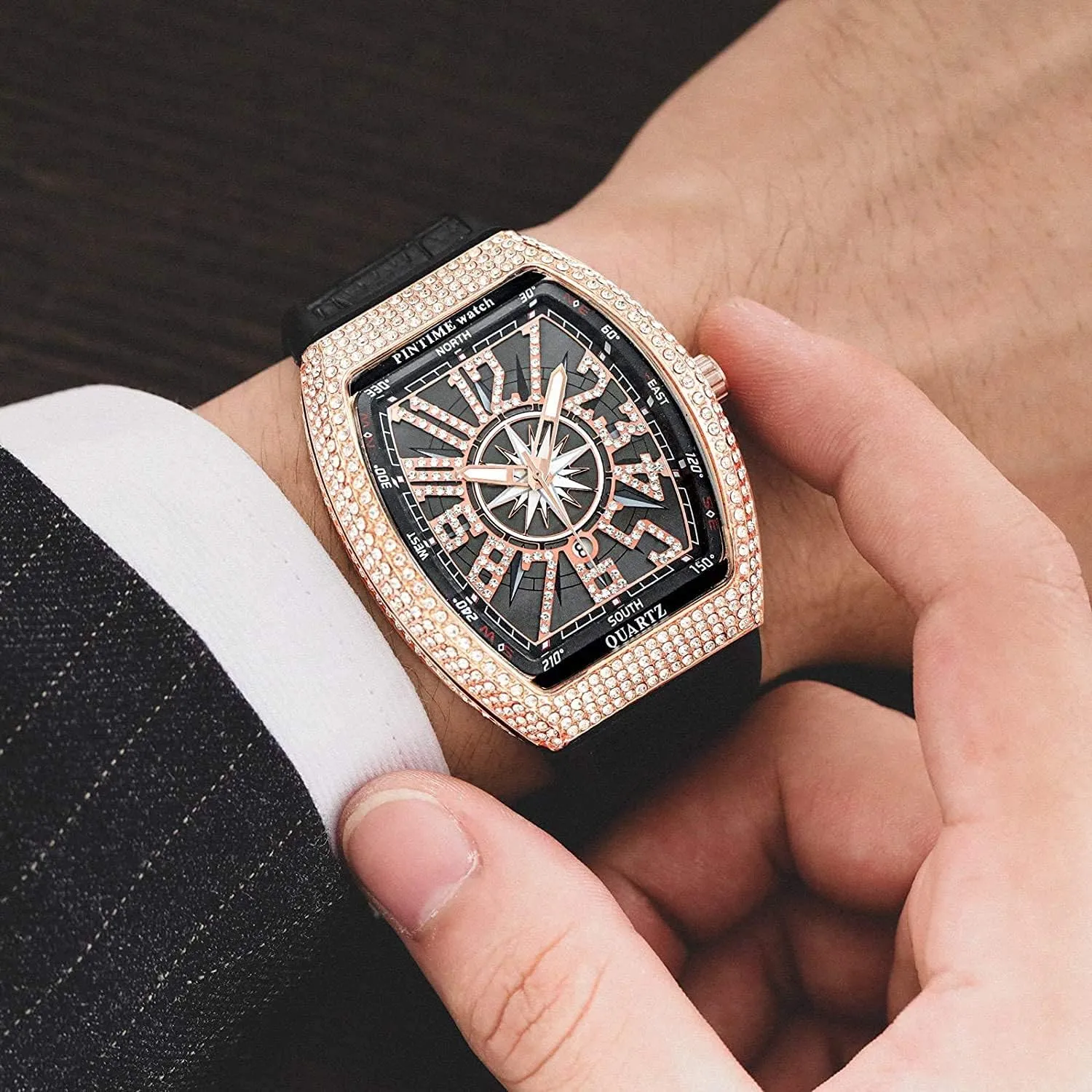 Watches Rectangle Punk Diamond Dial Leather Strap Calendar Quartz Sports Wrist Watch FANMIS Mens Skull Big springboard petticoat Face 