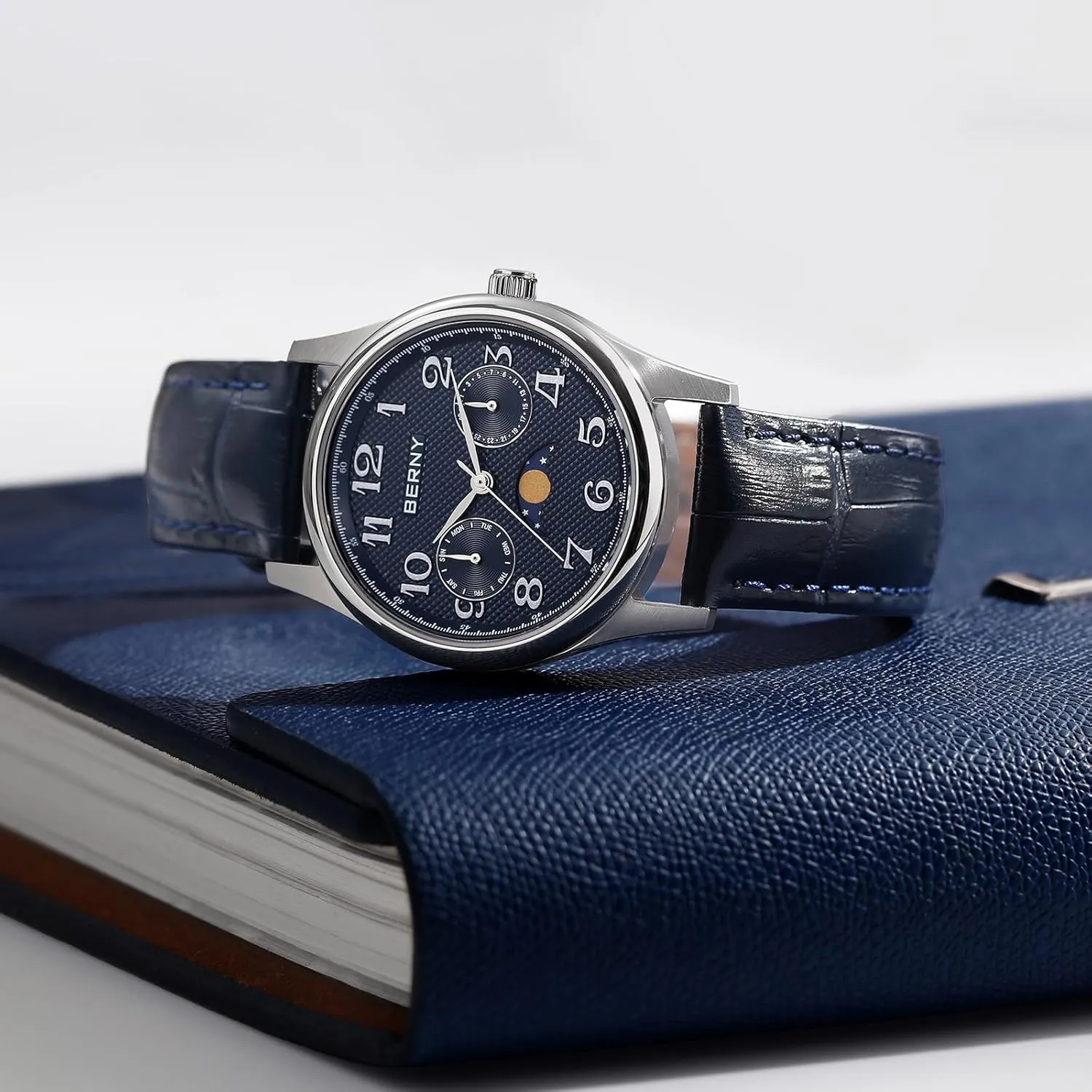 Watches Stainless Steel Case Sub-dail with Date Day Calendar BERNY Silver Watch for Women Moon Phase Watches Ladies Quartz Wristwatch Easy skip devastate pilot Read Arabic Numerals Dial Multi-Function Analog 