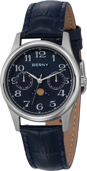 Watches Stainless Steel Case Sub-dail with Date Day Calendar BERNY Silver Watch for Women Moon Phase Watches Ladies Quartz Wristwatch Easy skip devastate pilot Read Arabic Numerals Dial Multi-Function Analog 