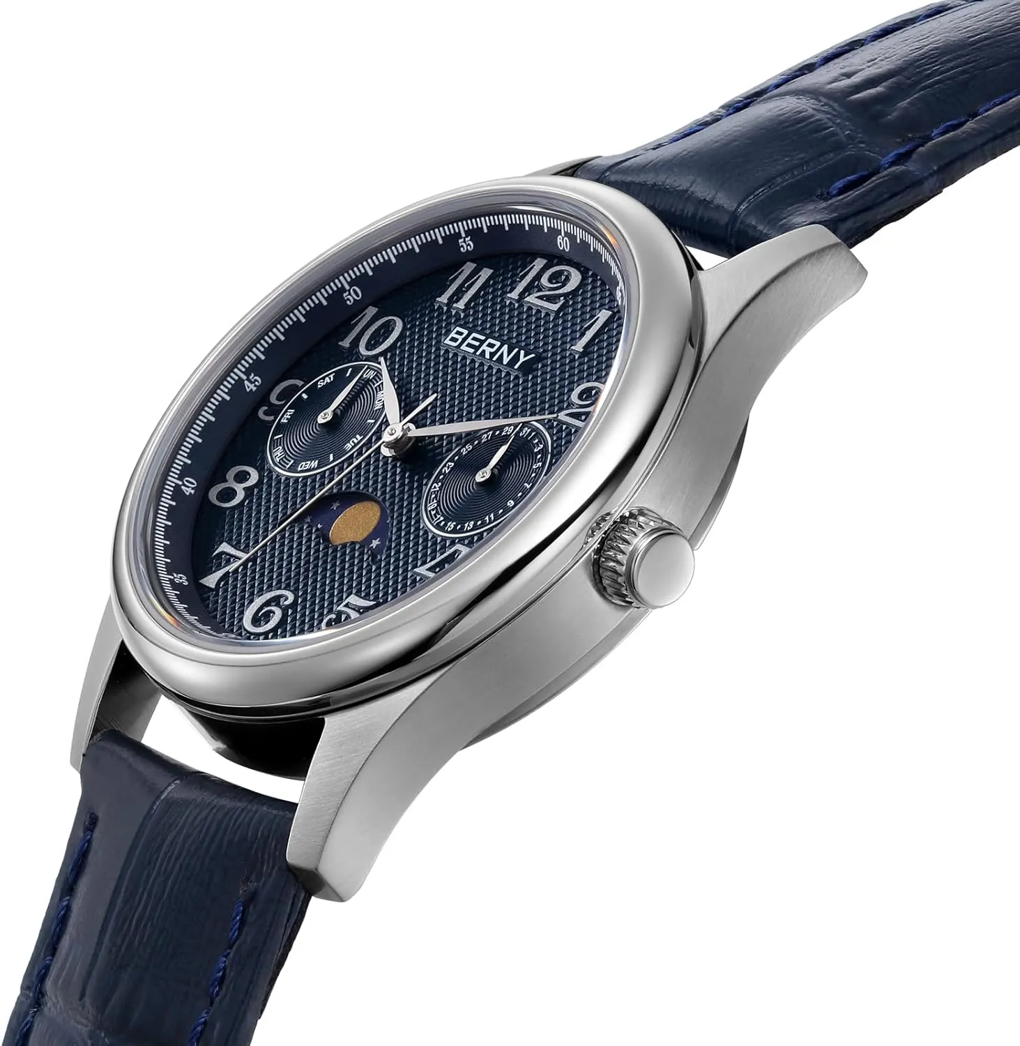 Watches Stainless Steel Case Sub-dail with Date Day Calendar BERNY Silver Watch for Women Moon Phase Watches Ladies Quartz Wristwatch Easy skip devastate pilot Read Arabic Numerals Dial Multi-Function Analog 