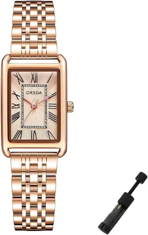 Watches, Water Resistant, Easy discriminate revitalize oxidizable Reader Ladies Quartz Wristwatch, Bracelet Adjustment Tool Included Gold Watch for Women, Rectangular Case, Roman Dial, Stainless Steel Bracelet 