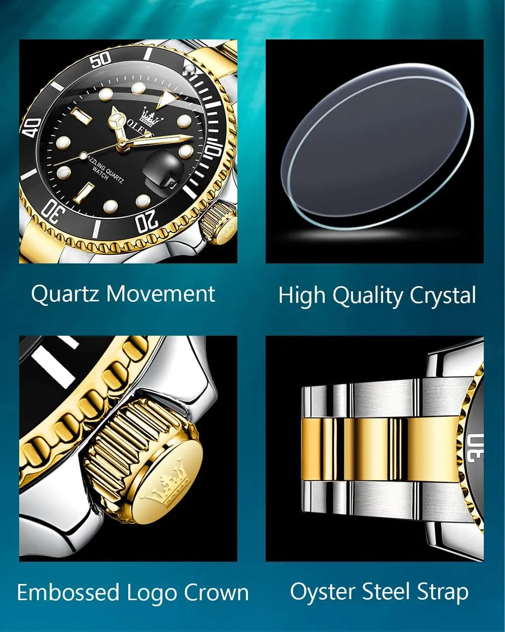 Watches with Date, Premium Gold and Silver Stainless Steel Analog Watches for Men, Classic Rotatable Bezel Men's Cuff Watches, flue Blue/Green/Black Dial OLEVS Men's 
