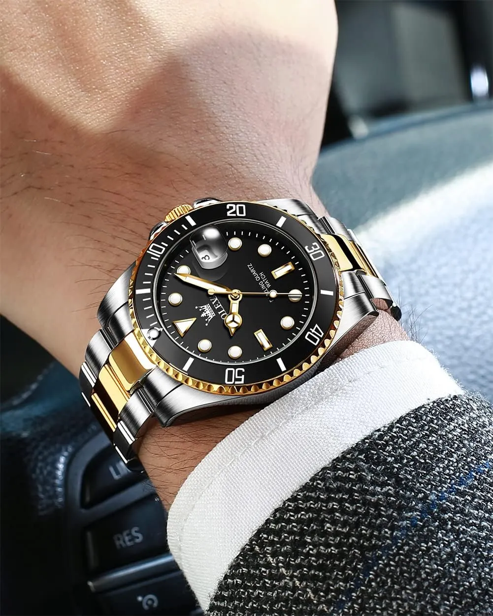 Watches with Date, Premium Gold and Silver Stainless Steel Analog Watches for Men, Classic Rotatable Bezel Men's Cuff Watches, flue Blue/Green/Black Dial OLEVS Men's 