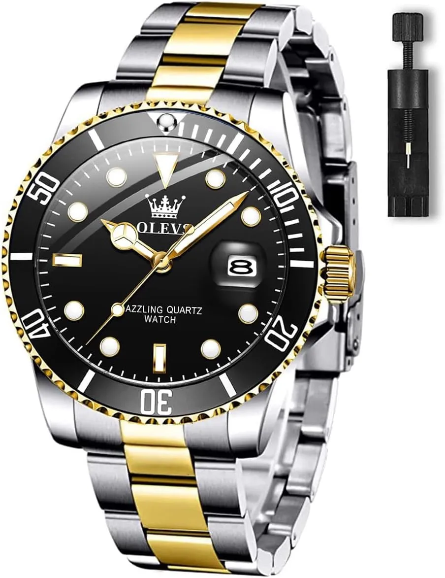 Watches with Date, Premium Gold and Silver Stainless Steel Analog Watches for Men, Classic Rotatable Bezel Men's Cuff Watches, flue Blue/Green/Black Dial OLEVS Men's 