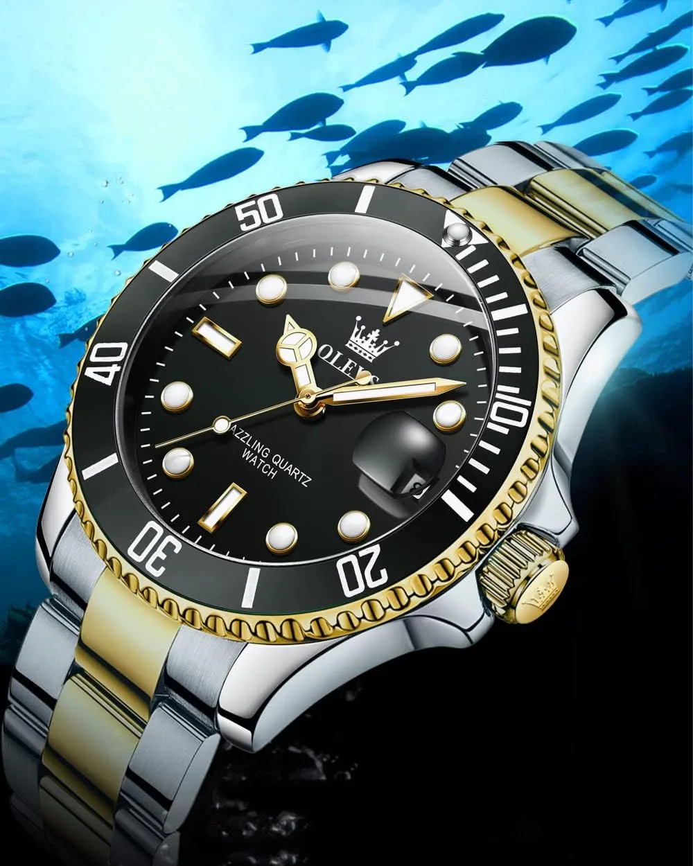 Watches with Date, Premium Gold and Silver Stainless Steel Analog Watches for Men, Classic Rotatable Bezel Men's Cuff Watches, flue Blue/Green/Black Dial OLEVS Men's 