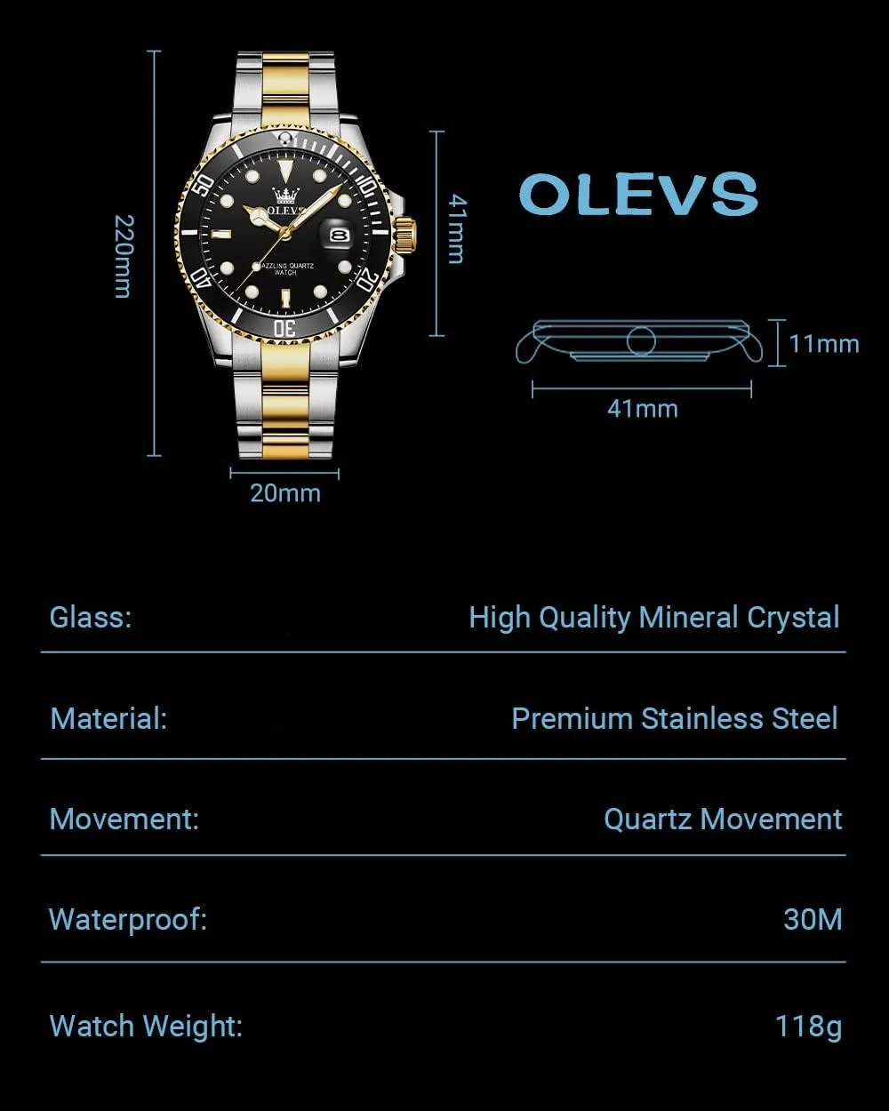 Watches with Date, Premium Gold and Silver Stainless Steel Analog Watches for Men, Classic Rotatable Bezel Men's Cuff Watches, flue Blue/Green/Black Dial OLEVS Men's 