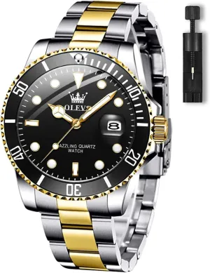 Watches with Date, Premium Gold and Silver Stainless Steel Analog Watches for Men, Classic Rotatable Bezel Men's Cuff Watches, flue Blue/Green/Black Dial OLEVS Men's 