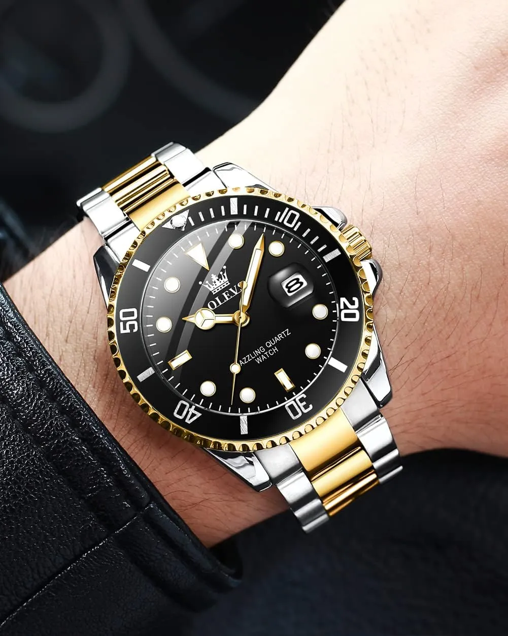 Watches with Date, Premium Gold and Silver Stainless Steel Analog Watches for Men, Classic Rotatable Bezel Men's Cuff Watches, flue Blue/Green/Black Dial OLEVS Men's 