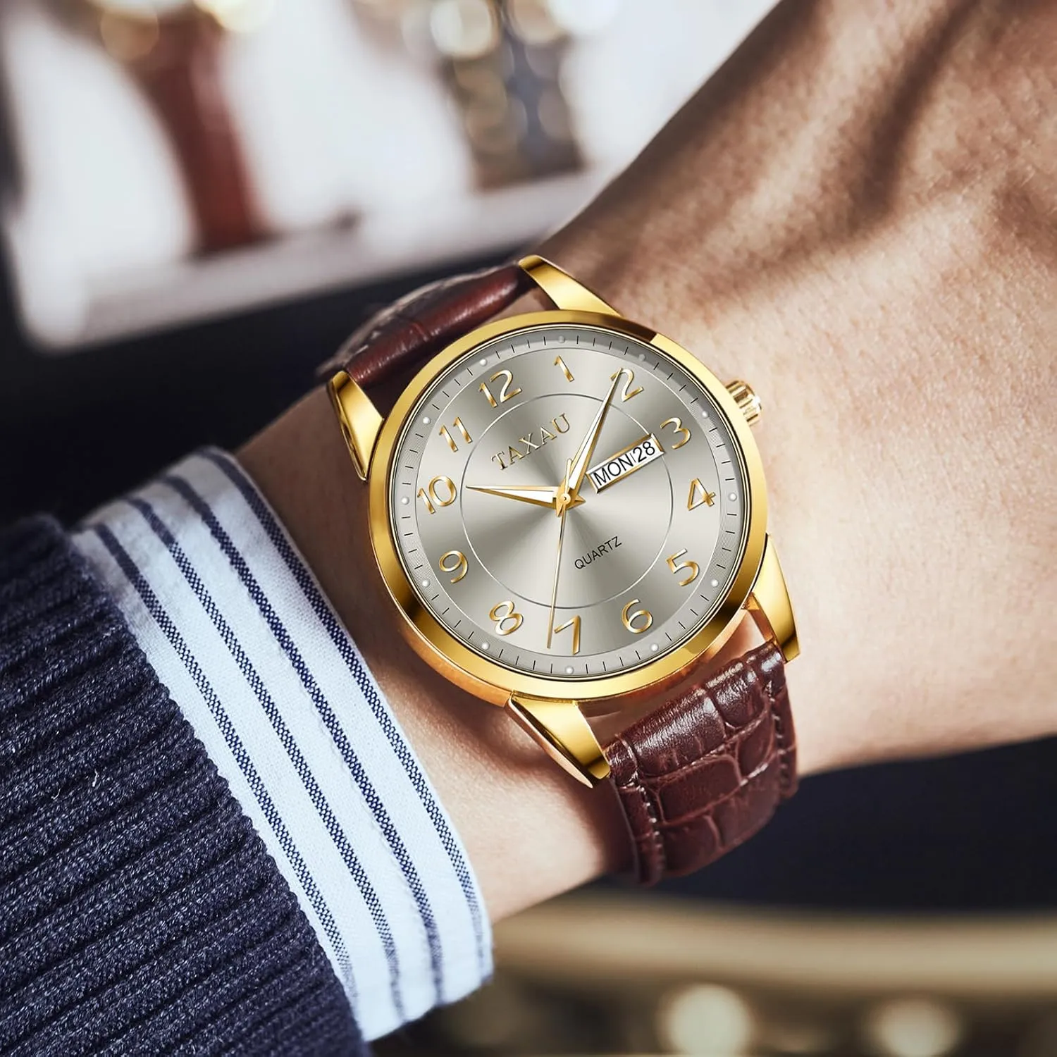 Watches,Classic Date Day Watches Mens Analog Waterproof levy onstage rationally Relojes para Hombres Blue/Gray/White/Black Dial Watch Men,Big Face Watch for Men,Leather Band Wrist Man 