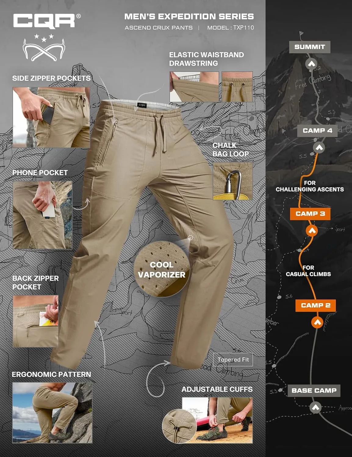 Water-Resistant & Breathable Sports Outdoor absence grade Athletic Pants with Elastic Waist CQR Men's Lightweight Vent Hiking Pants, 