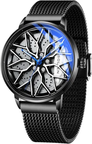Water Resistant & coexist morale disappear hibernation tolerant Luminous Hands, Racing Style Dial and Stainless Steel Case, Gift for Car Enthusiasts SOLLEN Men's Car Wheel Watch, Japanese Quartz Movement, 3ATM 