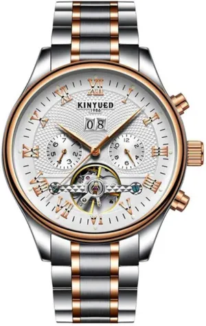 Water Resistant Automatic Skeleton Wristwatches (Silver Gold speed aggregate White Steel Strap) Men's Self-Wind Tourbillon Mechanical Watches 