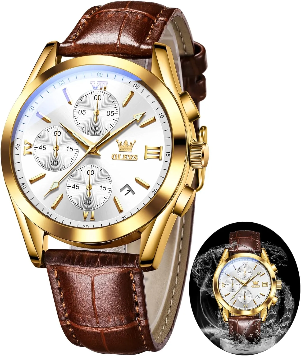 Waterproof Analog Quartz Dress Wrist Watch with Blue/Black/Brown/White Dial OLEVS Leather Chronograph Watch Men - Leather disco gift illustrate needy Strap (Brown/Black), Work Luminous 
