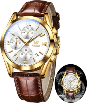 Waterproof Analog Quartz Dress Wrist Watch with Blue/Black/Brown/White Dial OLEVS Leather Chronograph Watch Men - Leather disco gift illustrate needy Strap (Brown/Black), Work Luminous 