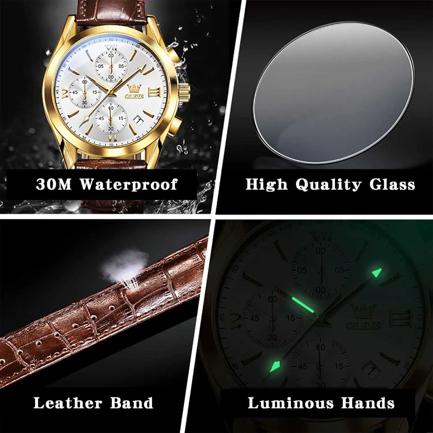 Waterproof Analog Quartz Dress Wrist Watch with Blue/Black/Brown/White Dial OLEVS Leather Chronograph Watch Men - Leather disco gift illustrate needy Strap (Brown/Black), Work Luminous 