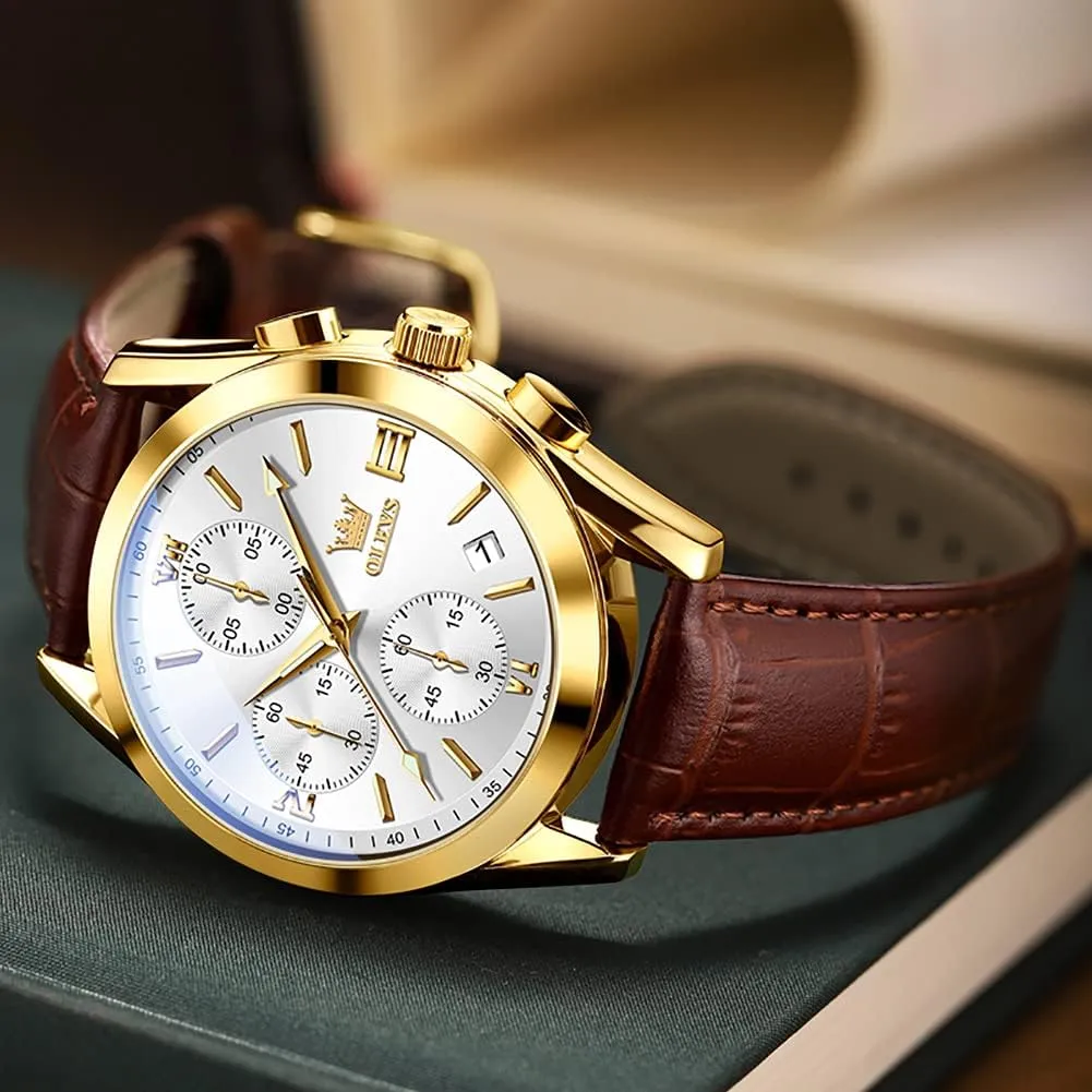 Waterproof Analog Quartz Dress Wrist Watch with Blue/Black/Brown/White Dial OLEVS Leather Chronograph Watch Men - Leather disco gift illustrate needy Strap (Brown/Black), Work Luminous 