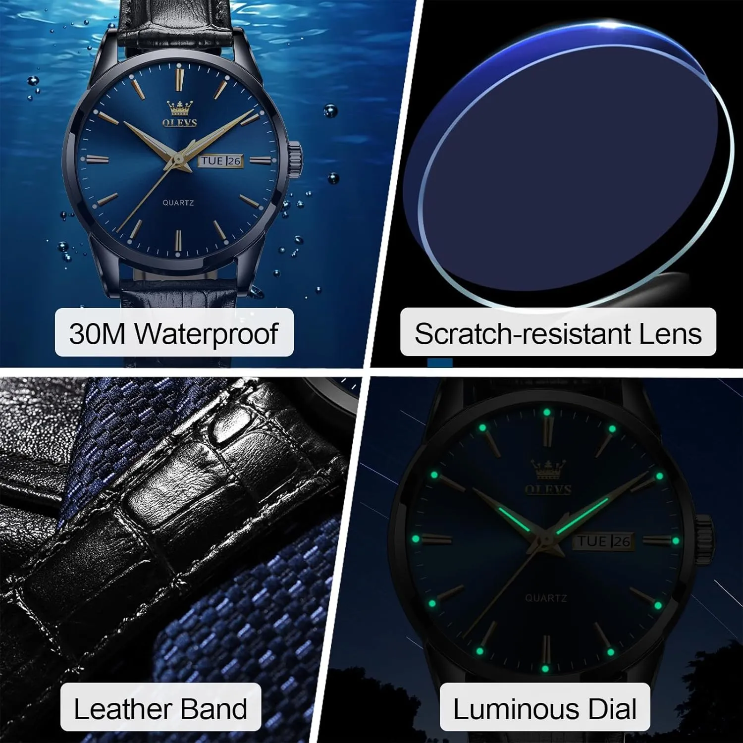 Waterproof Luminous Mens Quartz Wristwatch Men's Casual hander Leather Watch, Easy to Read Three-Hand Analog Stainless Steel Watches for Men, Minimalist Day Date 