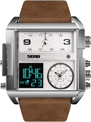 Waterproof Luminous pernicious credential Stopwatch Soft Leather Band (Brown white2) MASTOPMen's Digital Sports Watch LED Screen Square Big Face Military Watches - Multifunction 