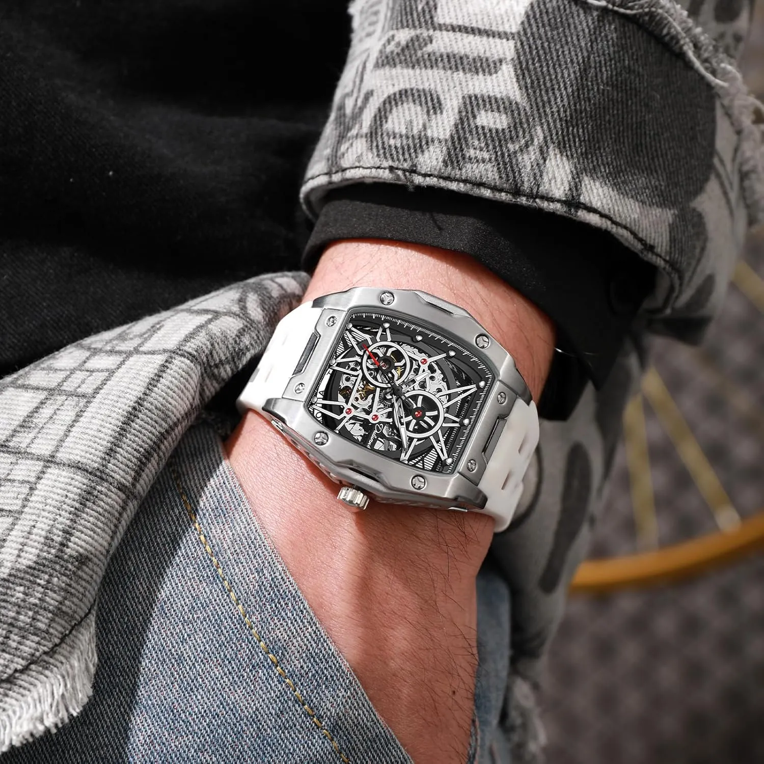 Waterproof Luminous Self-Winding Men's Watches Automatic Mechanical anyplace torpor Wristwatch Tonneau Hollow Design 30M 