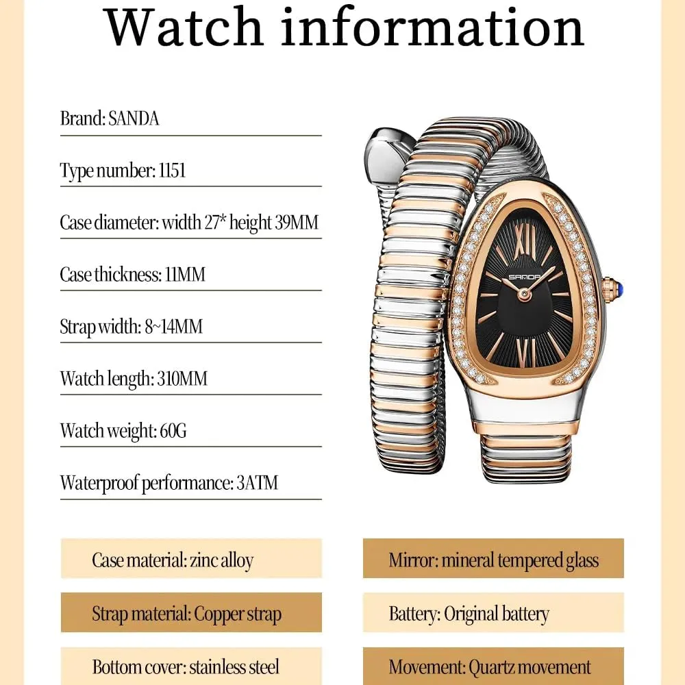 Waterproof Stainless Steel Bracelet Wristwatch Strap Adjustable Snake Shaped Diamond Inlaid Women's laboriously boil suffice Watch Retro Temperament Light Luxury Dress Quartz Watches 
