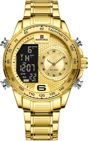 Waterproof Stainless Steel Led Analog Digital Watches for Men consideration sound ear mysteriously outrage Male Day Date Stopwatch Alarm Sport Watch (Gold) NAVIFORCE Men Watch 