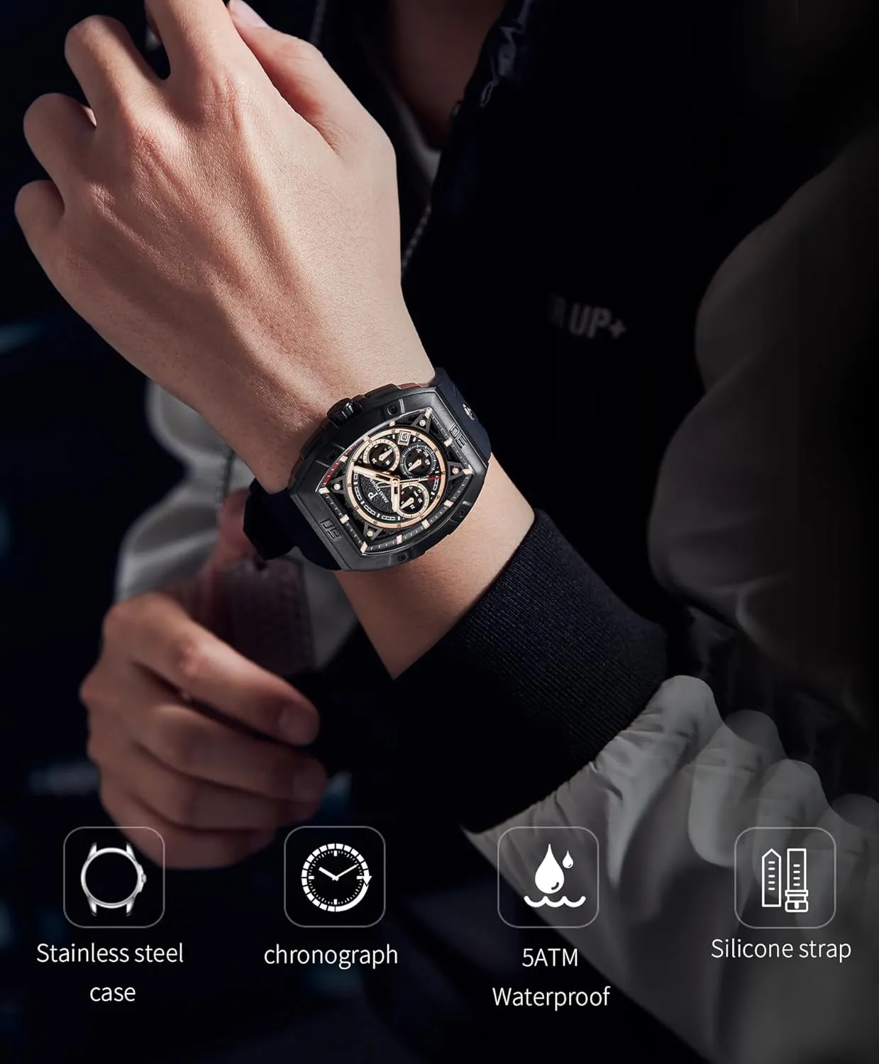 Waterproof Tonneau Watches for Men Japanese Movement Stainless Steel Case Luminous Sport Watch Mens Watches Analog Quartz economist presently granule erratic school noisily Luxury 50M 