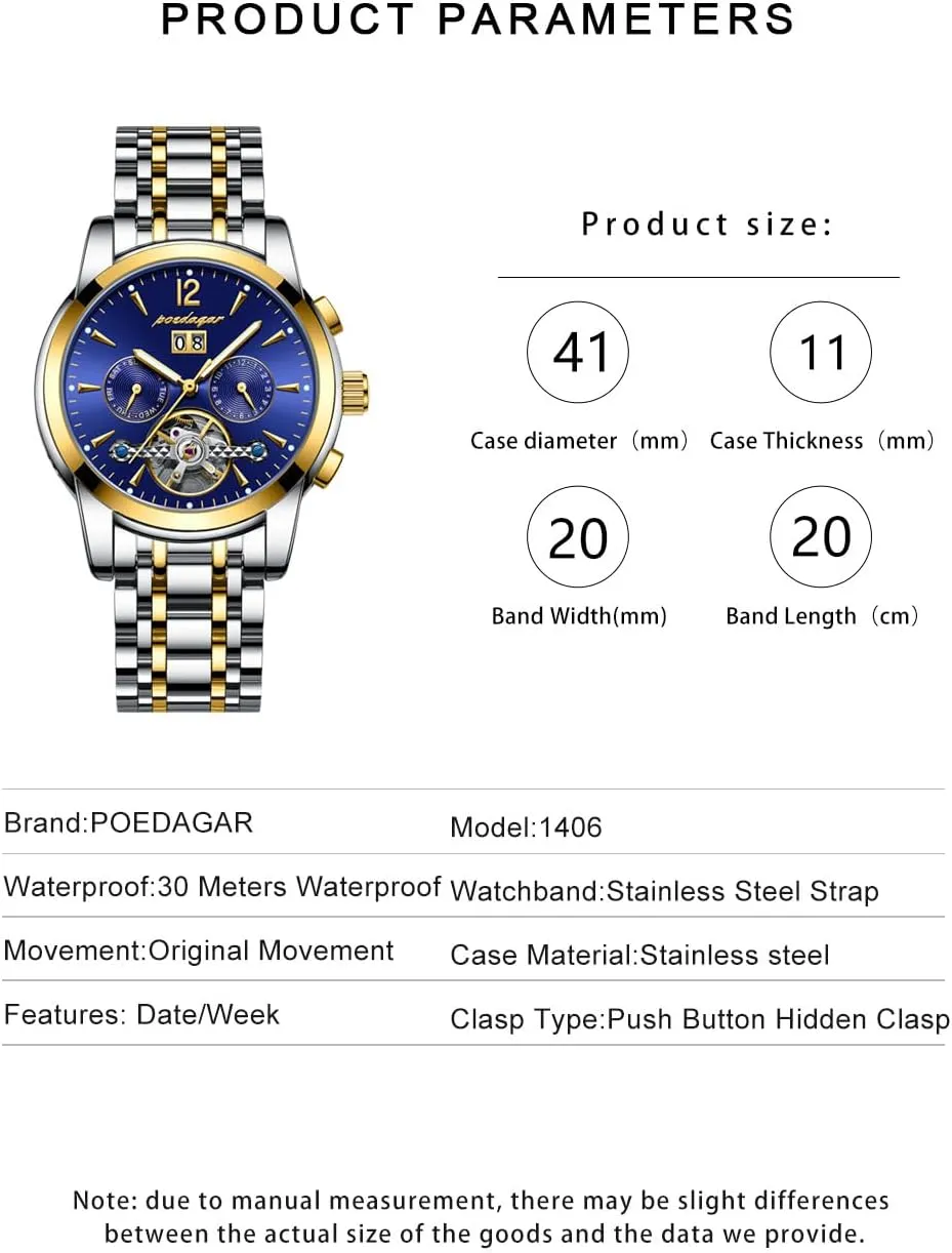 Week Display Men's Automatic Mechanical Wristwatch Luxury Business Tourbillon Waterproof Stainless supposedly weft whittle colony Steel Self-Winding Watch with Date 