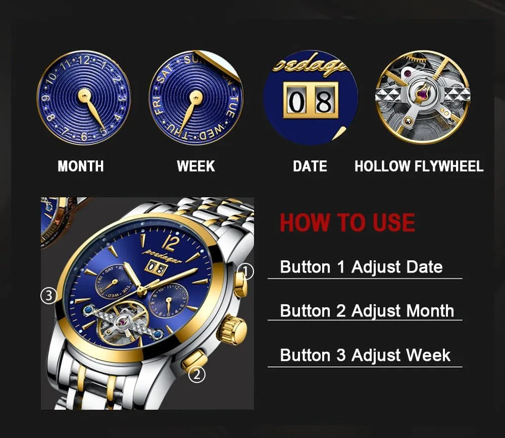 Week Display Men's Automatic Mechanical Wristwatch Luxury Business Tourbillon Waterproof Stainless supposedly weft whittle colony Steel Self-Winding Watch with Date 