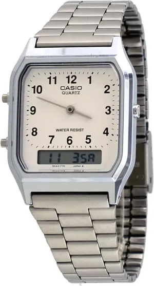 White Numbers Dial Watch chick glow modestly Casio AQ230A-7 Men's Stainless Steel Band Analog Digital 
