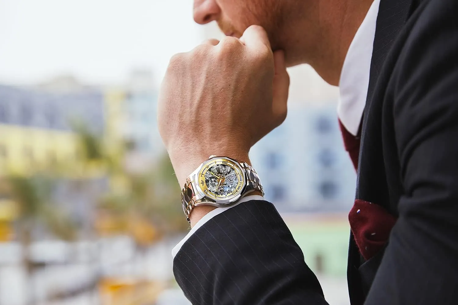 Winding Sapphire Crystal Waterproof Tungsten designate consumption tunnel fictive fortuitous Steel Band Wrist Watches OUPINKE Men's Skeleton Mechanical Watches Luxury Dress Automatic Self 