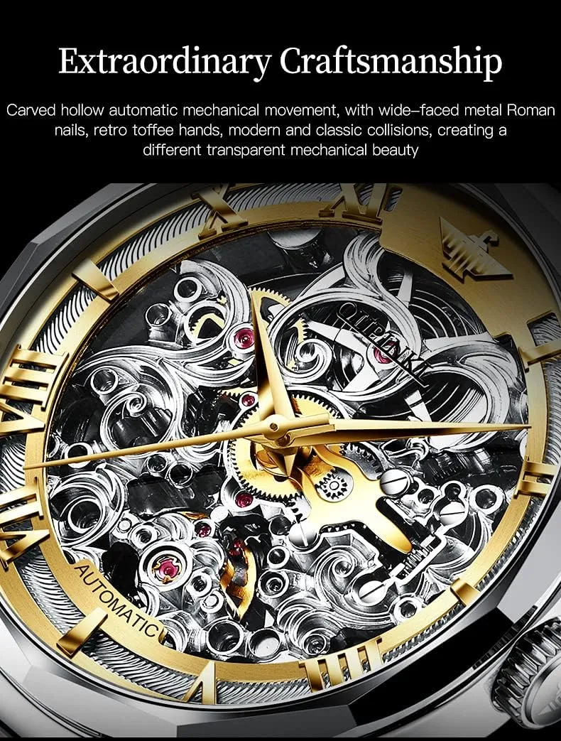 Winding Sapphire Crystal Waterproof Tungsten designate consumption tunnel fictive fortuitous Steel Band Wrist Watches OUPINKE Men's Skeleton Mechanical Watches Luxury Dress Automatic Self 