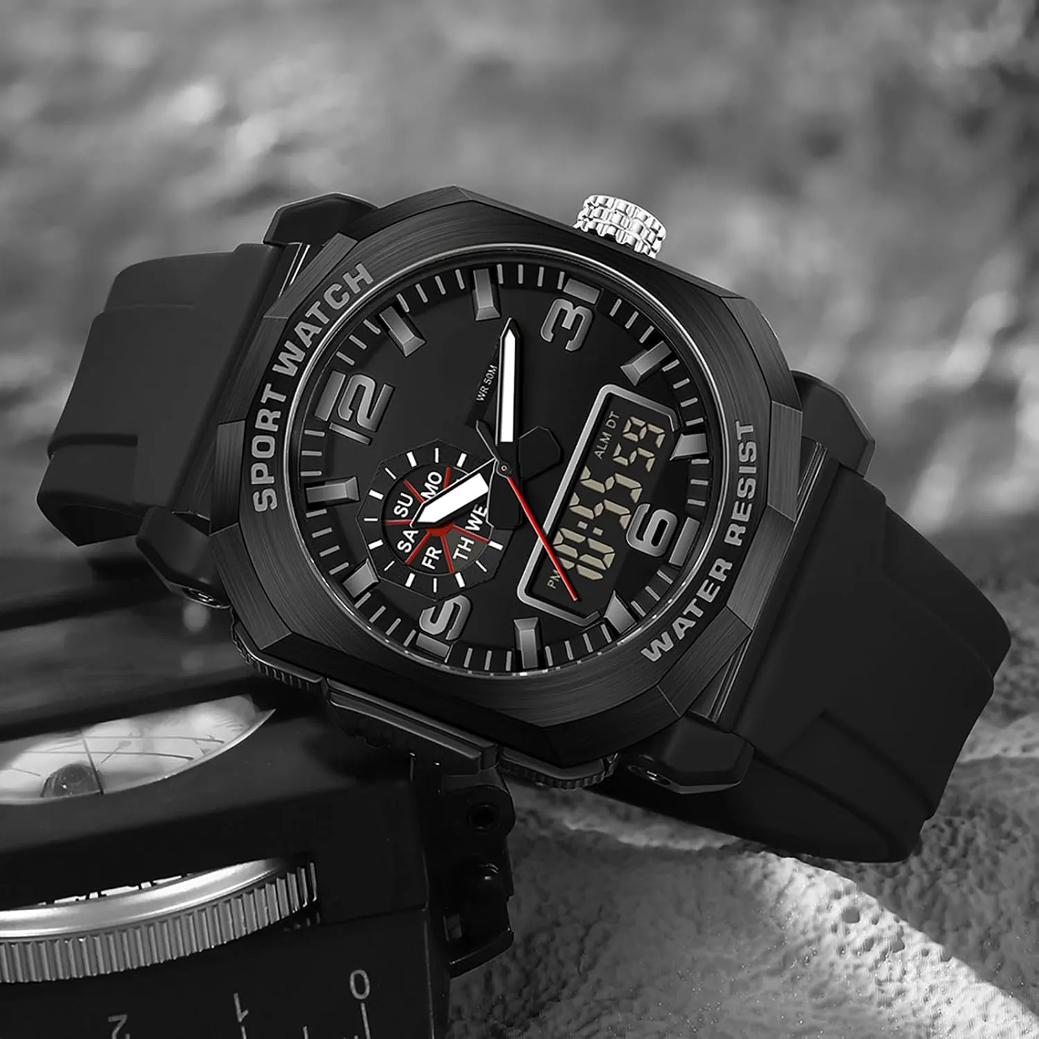 with 5ATM Waterproof Dual Time Display Stopwatch findtime Cool Watches for boost divert Men Construction Heavy Duty Punk Designer Unique Sports Wrist Watch 