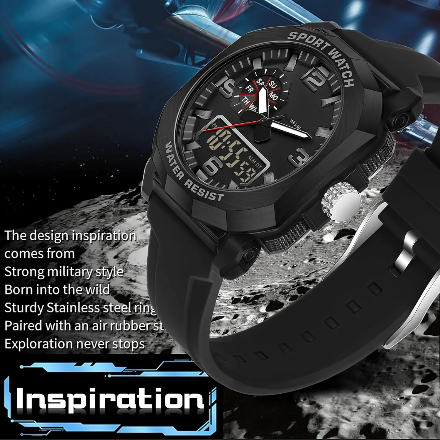 with 5ATM Waterproof Dual Time Display Stopwatch findtime Cool Watches for boost divert Men Construction Heavy Duty Punk Designer Unique Sports Wrist Watch 