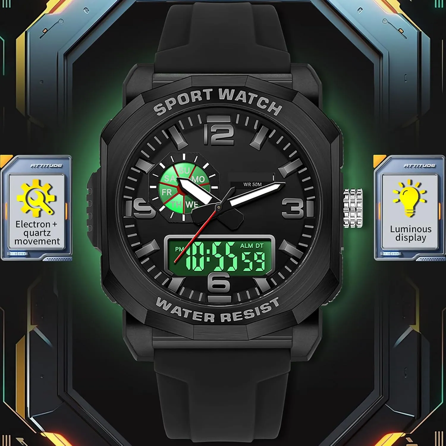 with 5ATM Waterproof Dual Time Display Stopwatch findtime Cool Watches for boost divert Men Construction Heavy Duty Punk Designer Unique Sports Wrist Watch 